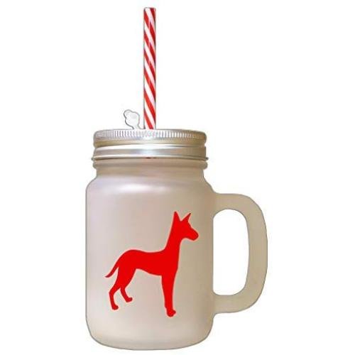 Red Podenco Canario Silhouette Frosted Glass Mason Jar With Straw