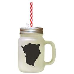 Black Domestic Longhair Cat Head Silhouette #1 Frosted Glass Mason Jar With Straw