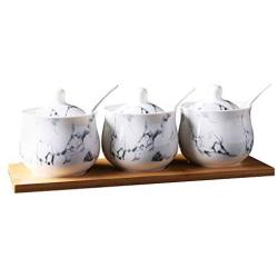 Ceramics Marbling Sugar Salt Pepper Storage Jar Seasoning Pot with Lid and Spoon