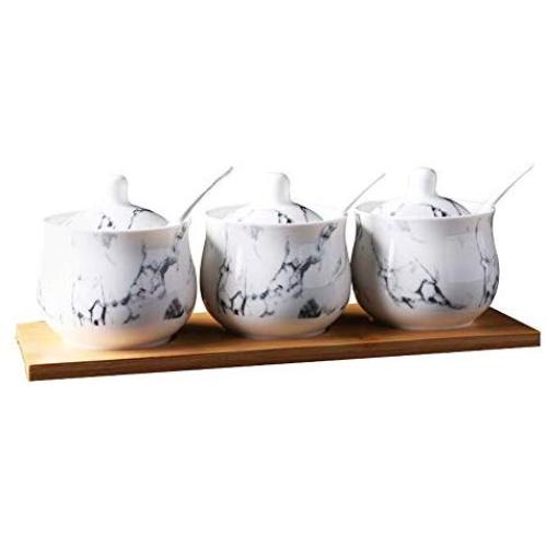 Ceramics Marbling Sugar Salt Pepper Storage Jar Seasoning Pot with Lid and Spoon