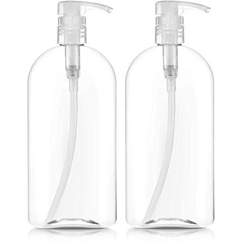 BAR5F Plastic Bottles with Pump Dispenser, 32 oz (1 Liter) | Leak Proof, Large, Empty Clear Oval, Refillable, BPA Free for Shampoo, Hair Conditioner, Lotion, Oils | Set of 2