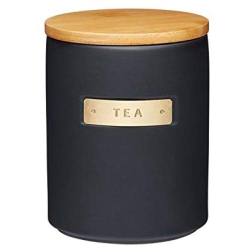 Masterclass Stoneware and Brass Effect Tea Canister Storage Jar with Bamboo Lid Black 1 Litre 33.81 fl oz