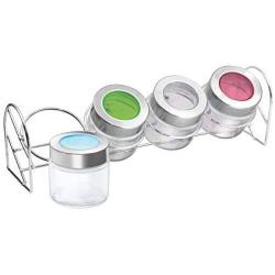 PLANET 007 Treo Delfy Storage Glass Jar Set with Color Lids and Stainless Steel Stand Canister Set Glass Container Set Glass Jars for Candies Chocolate Almonds Much More 100 ml Each Set of 4