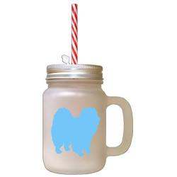 Light Blue Chow Chow Silhouette Frosted Glass Mason Jar With Straw