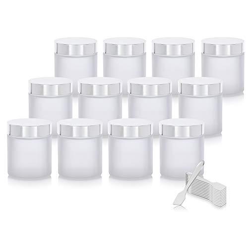 Eisglasfarbener, dicker Glasbehälter mit geradem Rand – mit silberner Metalldeckelabdeckung – 4 oz / 120 ml (12er Pack) + Spatel