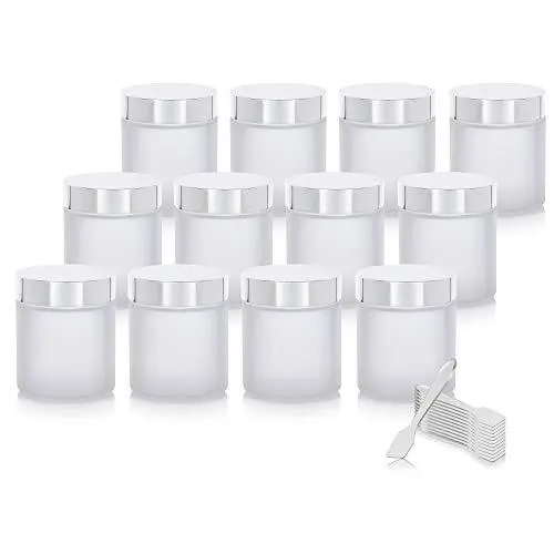 Bocal en verre clair épais avec bord plat et couvercle métallique argenté – 120 ml (12 pièces) + spatules