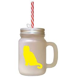 Yellow Scotish Fold Cat Silhouette Frosted Glass Mason Jar With Straw