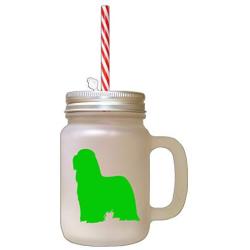 Green Bearded Collie Silhouette Frosted Glass Mason Jar With Straw