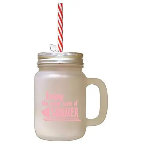Soft Pink Enjoy The Sweet Taste Of Summer Frosted Glass Mason Jar With Straw