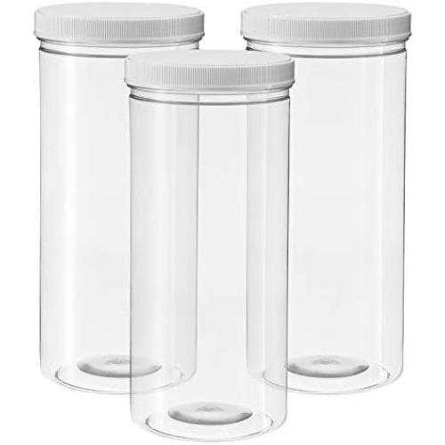 80 Ounce Tall Clear Empty Plastic Jars with Screw-on Lids & Labels - Pack of 3 Large 2.5 quart 10 cup capacity Containers - BPA Free Airtight Leak Proof Canisters - Food Grade Refillable Holder -