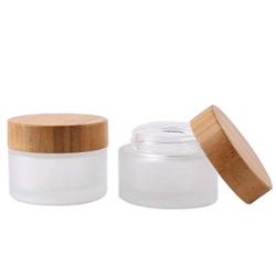 2 Pack 50ml/1.7oz Frosted Glass Cosmetic Cream Jar Bottle Refillable Glass Face Cream Pot Cosmetics Container With Bamboo lids and Inner Liners For Travel DIY Sample Eyeshadow Essential Oils