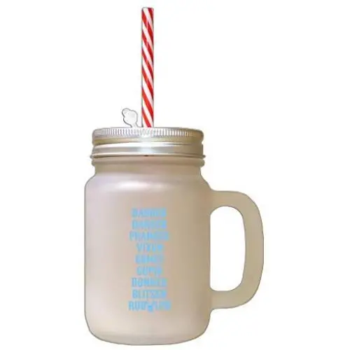 Bouteille en verre givrée à Mason avec pailles – Saint-Nicolas bleu clair – Renvers de Noël noms. Bouteille en verre givrée à Mason avec pailles – Saint-Nicolas bleu clair – Renvers de Noël noms.