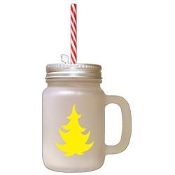 Yellow Christmas Tree #4 Frosted Glass Mason Jar With Straw