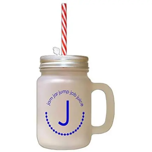 Royal Blue Alphabet J, Jam Jar Jump Job Juice Frosted Glass Mason Jar With Straw Royal Blue Alphabet J, Jam Jar Jump Job Juice Frosted Glass Mason Jar With Straw