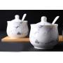 Ceramics Marbling Sugar Salt Pepper Storage Jar Seasoning Pot with Lid and Spoon