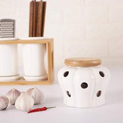 BESTONZON White Ceramic Canister Jar Container For Food Storage with Bamboo Lid,Kitchen Canister with Hole,Garlic and Ginger Storage Container