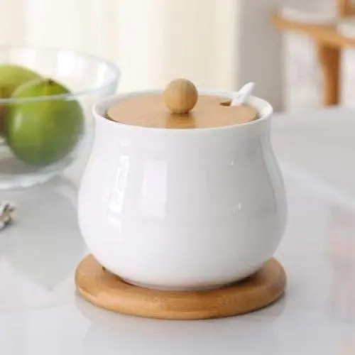 Conteneur en céramique pour sucre/épices/sel – Boîte de rangement pour condiments de cuisine – Boîte de stockage avec couvercle en bois Conteneur en céramique pour sucre/épices/sel – Boîte de rangement pour condiments de cuisine – Boîte de stockage avec couvercle en bois