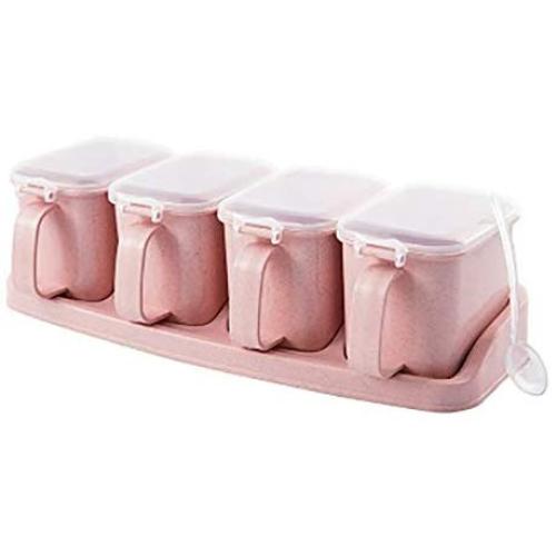 BFY Kitchen Appliances .Wheat Straw Seasoning Box Pepper Spice Shaker Salt Seasoning Transparent PP Kitchen Cruet Condiment Bottle Jars Storage Box, Color:Four grid pink