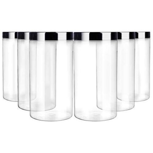 6 Pack 32oz / One Quart Clear Plastic Jars with Black Ribbed Lids. BPA Free PET Food Canisters for Kitchen &amp; Household Storage of Dry Goods, Peanut Butter,Nuts,Cookie,Pie and More.