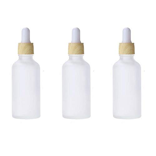 3PCS 50ml/1.7oz Empty Refillable Frosted Glass Essential Oil Dropper Bottles Jars With Wood Grain Cap White Rubber Head Travel Cosmetic Storage Container Pot Holder for Aromatherapy Oils Elite Fluid