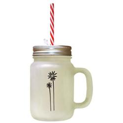 Black Palm Trees Frosted Glass Mason Jar With Straw