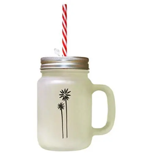 Black Palm Trees Frosted Glass Mason Jar With Straw Black Palm Trees Frosted Glass Mason Jar With Straw