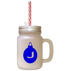 Royal Blue&quotJ" Christmas Tree Toy Monogram J Frosted Glass Mason Jar With Straw