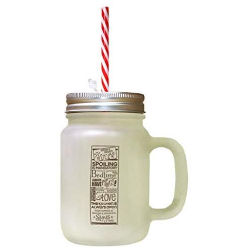 Brown GrandpaS House Rules Spoiling Mandatory Frosted Glass Mason Jar With Straw