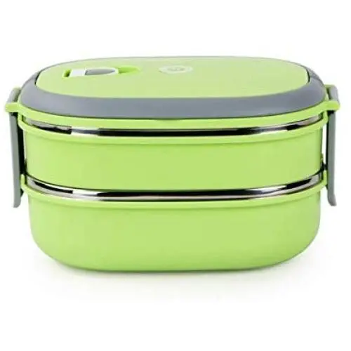 Lcxliga Zwei-stufige Kinder Bento-Box Picknick Dra hinausgehende Aktivität Reise Küchen Lebensmittel Lagerbehälter Edelstahl Wärmeisolation Container (Farbe: Grün)