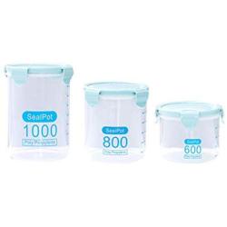 PYXM Kitchen Storage Containers 3 Pcs Containers with Water-Tight Lids Clear Plastic Food Storage Jars- Great for Dry Foods,Blue