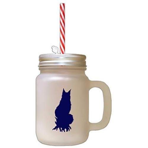 Navy Maine Coon Cat Silhouette #1 Frosted Glass Mason Jar With Straw