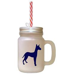 Navy Podenco Canario Silhouette Frosted Glass Mason Jar With Straw