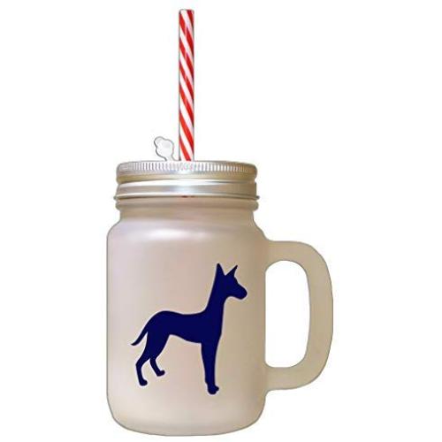 Navy Podenco Canario Silhouette Frosted Glass Mason Jar With Straw