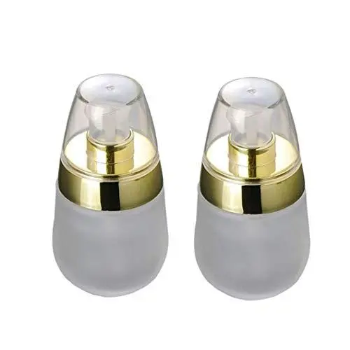 2PCS 30ml/1oz Upscale Empty Refillable Frosted Glass Pump Press Bottle Cosmetic Container Packing Jar Vial Holder Pot with Clear Cap for Lotion Emulsion Facial Essence Golden Edge