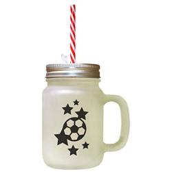 Black Soccer Ball #1 Frosted Glass Mason Jar With Straw