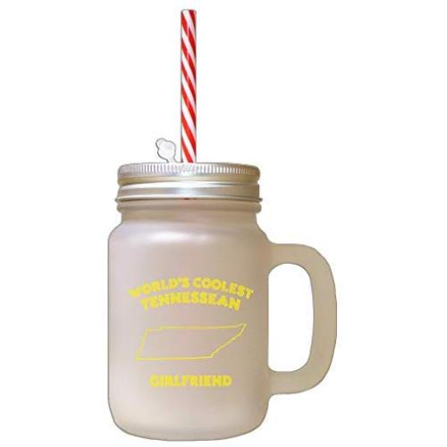 Yellow WorldS Coolest Tennessean Girlfriend TN Frosted Glass Mason Jar With Straw