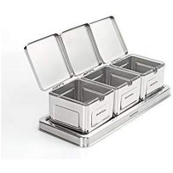 SERAFINO ZANI Rhine Series 18/10 Stainless Steel 3-pcs Seasoning Box, Storage Container Condiment Jars,Sessoning Rack Spice Pots with Serving Spoons