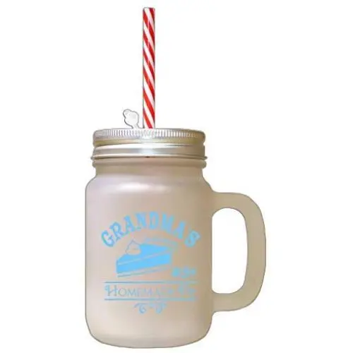 Helleblauer Großmamas Selbstgemachte Pfirsich-Glas-Marmelienflasche mit Stroh (25 Cent)