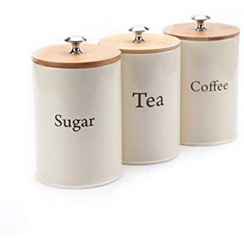 Set of 3 Metal Food Storage Canister Jar Kitchen Containers with Bamboo Lid