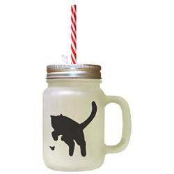 Black British Shorthair Cat Silhouette #3 Frosted Glass Mason Jar With Straw