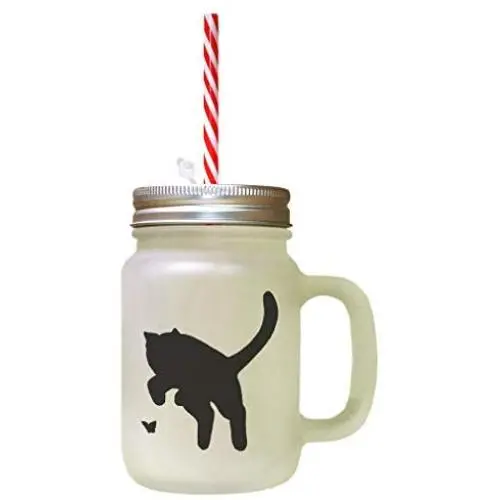 Black British Shorthair Cat Silhouette #3 Frosted Glass Mason Jar With Straw Black British Shorthair Cat Silhouette #3 Frosted Glass Mason Jar With Straw