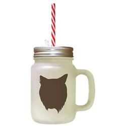 Brown Domestic Longhair Cat Head Silhouette #2 Frosted Glass Mason Jar With Straw