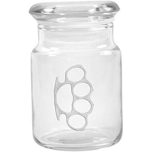 Clear Glass Herb Stash Jar with Lid 4.5 oz with Brass Knuckles Logo from Smoke Promos