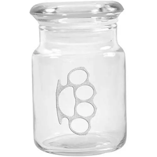 Clear Glass Herb Stash Jar with Lid 4.5 oz with Brass Knuckles Logo from Smoke Promos