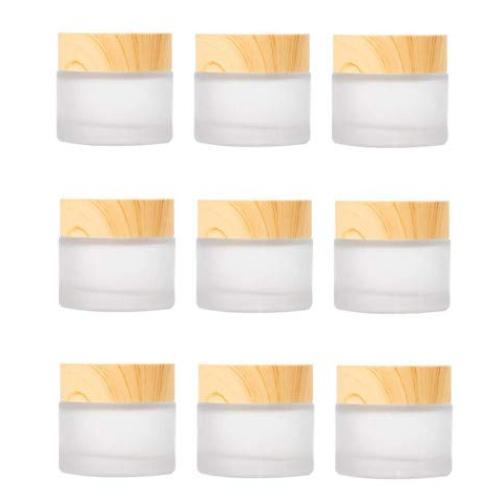 Healthcom 10 PCS 10 Grams/10 ML Jars Frosted Glass Cosmetic Cream Jar Bottle with Wood Grain Lid Empty Cosmetic Containers Refillable Glass Face Cream Pot for Makeup Lip Balms Eyeshadow