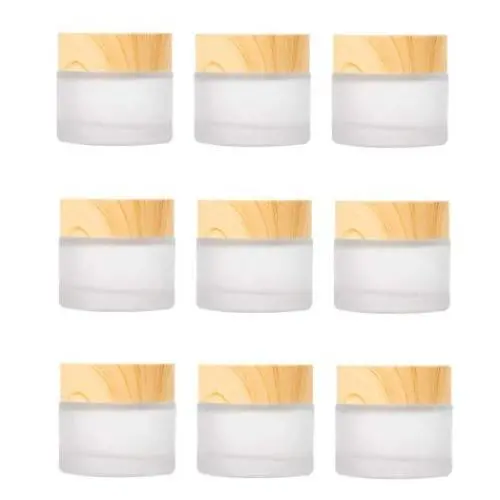 Bouteilles en verre glacées 10 pièces 10g/10ml avec couvercle en bois grain, pots à crème cosmétique réutilisables pour crème, maquillage, baume à lèvres, fards à paupières. Bouteilles en verre glacées 10 pièces 10g/10ml avec couvercle en bois grain, pots à crème cosmétique réutilisables pour crème, maquillage, baume à lèvres, fards à paupières.