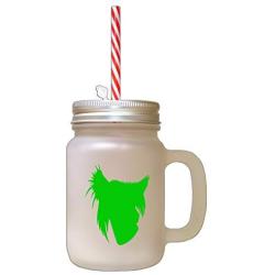 Green Chinese Crested Dog Silhouette Frosted Glass Mason Jar With Straw