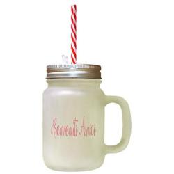 Soft Pink Benvenuti Amici Frosted Glass Mason Jar With Straw