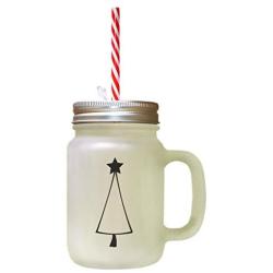 Black Christmas Tree Style 2 Frosted Glass Mason Jar With Straw