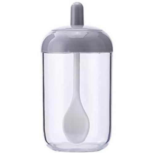 Transparent Kitchen Supplies Seasoning Bottle Salt Storage Box Spice Jar For Salt Sugar Pepper Powder With Spoon (Gray)
